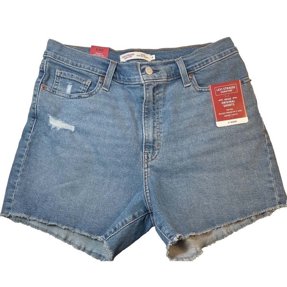 Levi Strauss Signature Jean Shorts Womens 8 Blue Denim Stretch Mid Rise Cut-Off